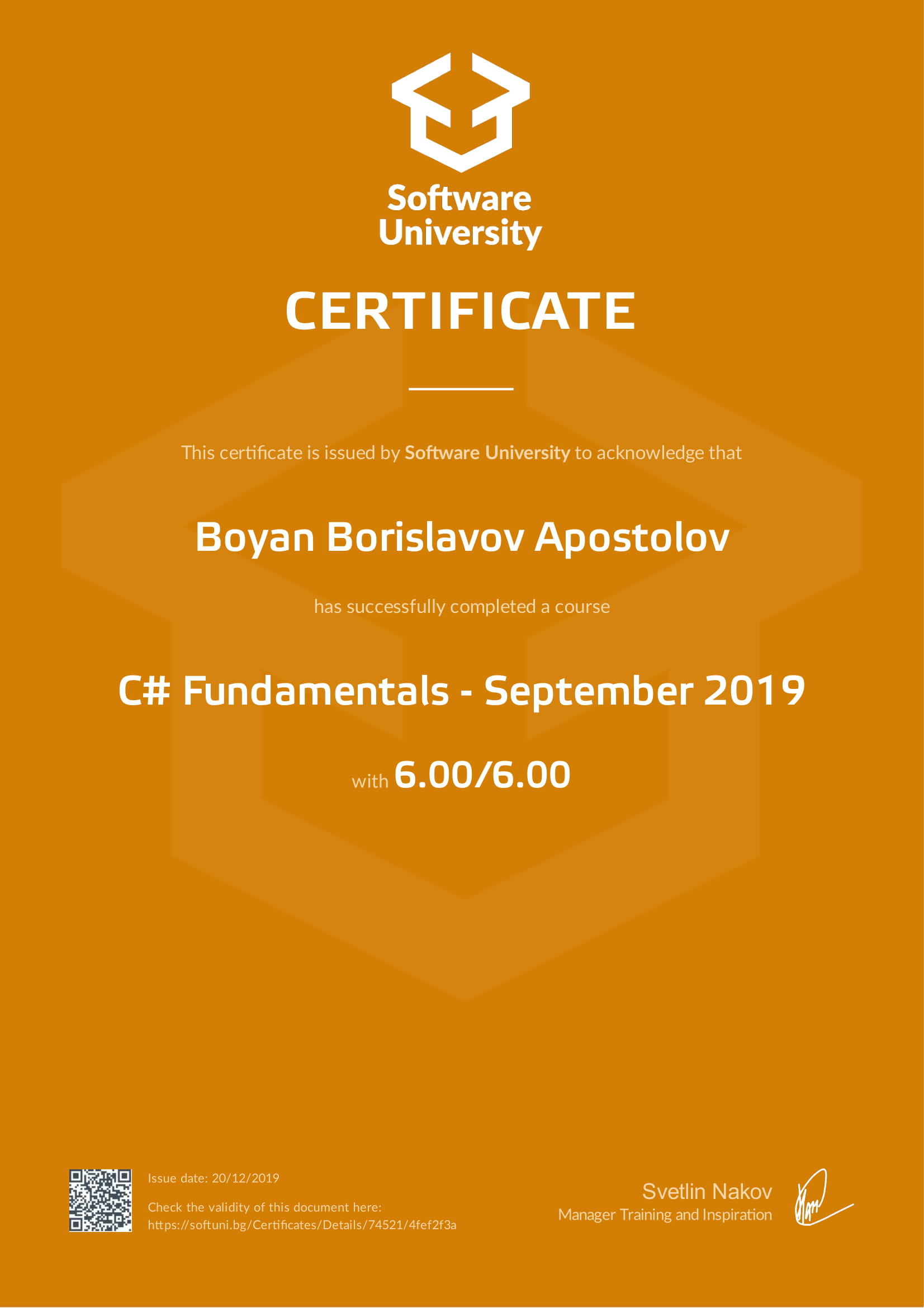 C# Fundamentals Certificate Front