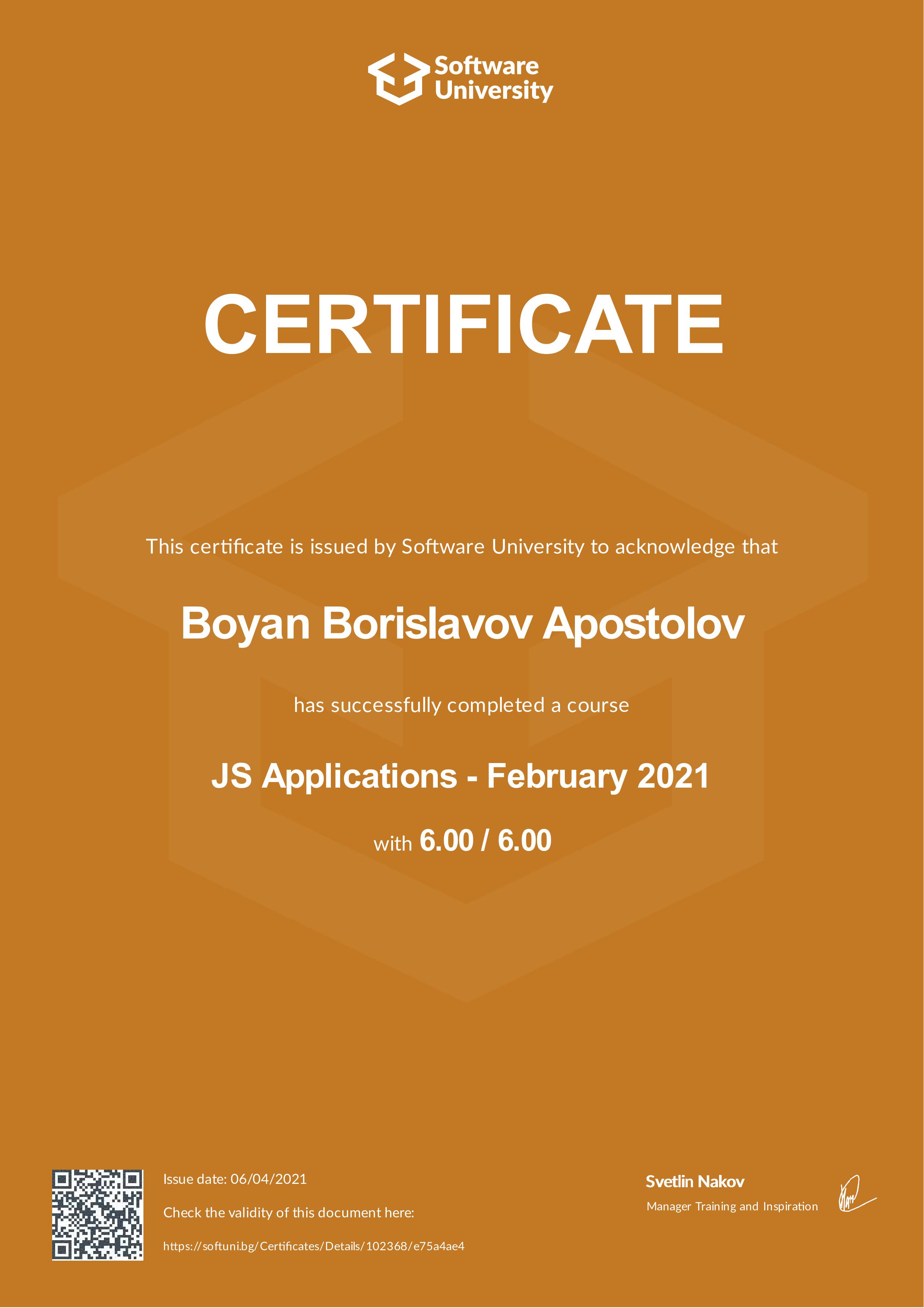 JS Apps Certificate Front