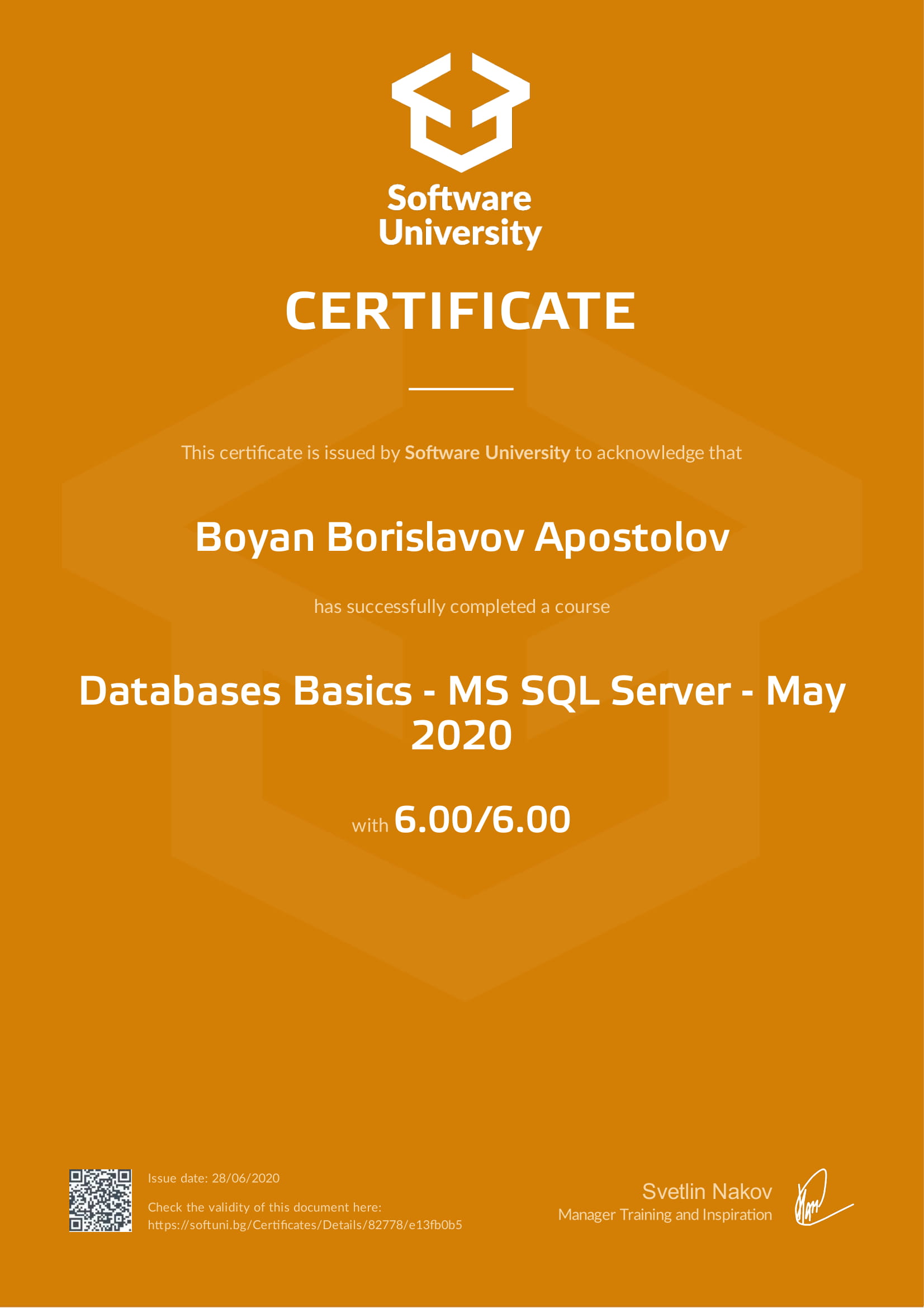 SQL Certificate Front